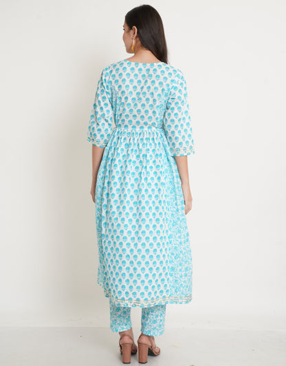 Floral Printed Pure Cotton A Line Kurta Set in White and Light Blue