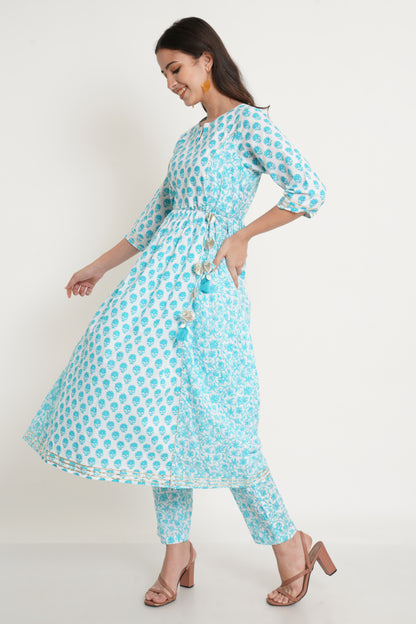 Floral Printed Pure Cotton A Line Kurta Set in White and Light Blue