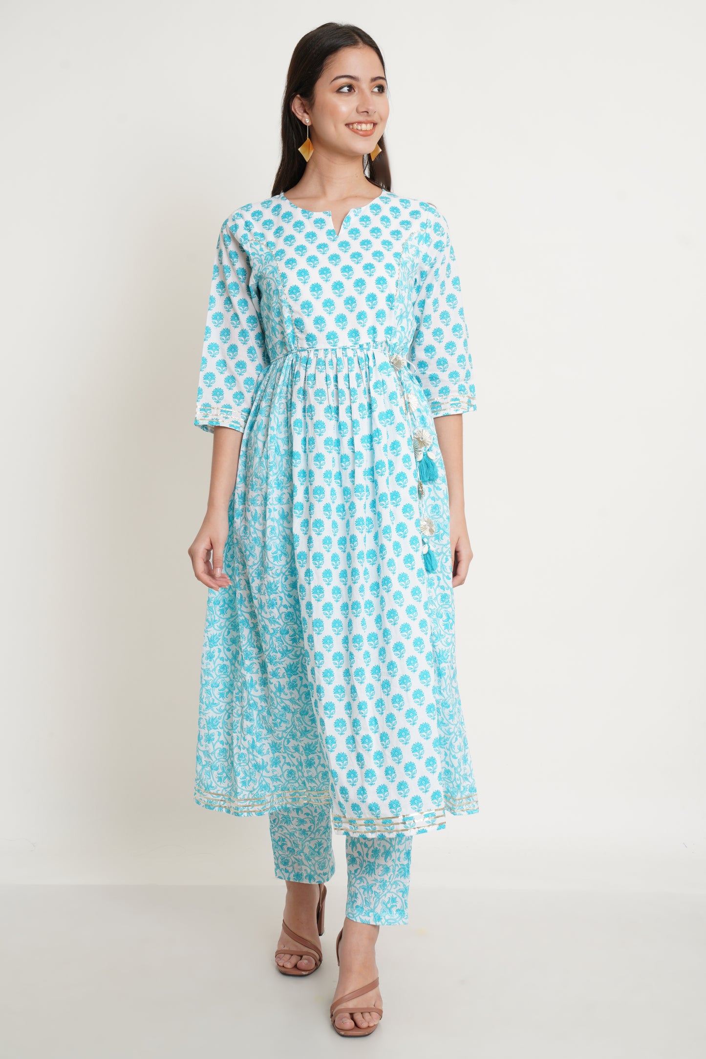 Floral Printed Pure Cotton A Line Kurta Set in White and Light Blue