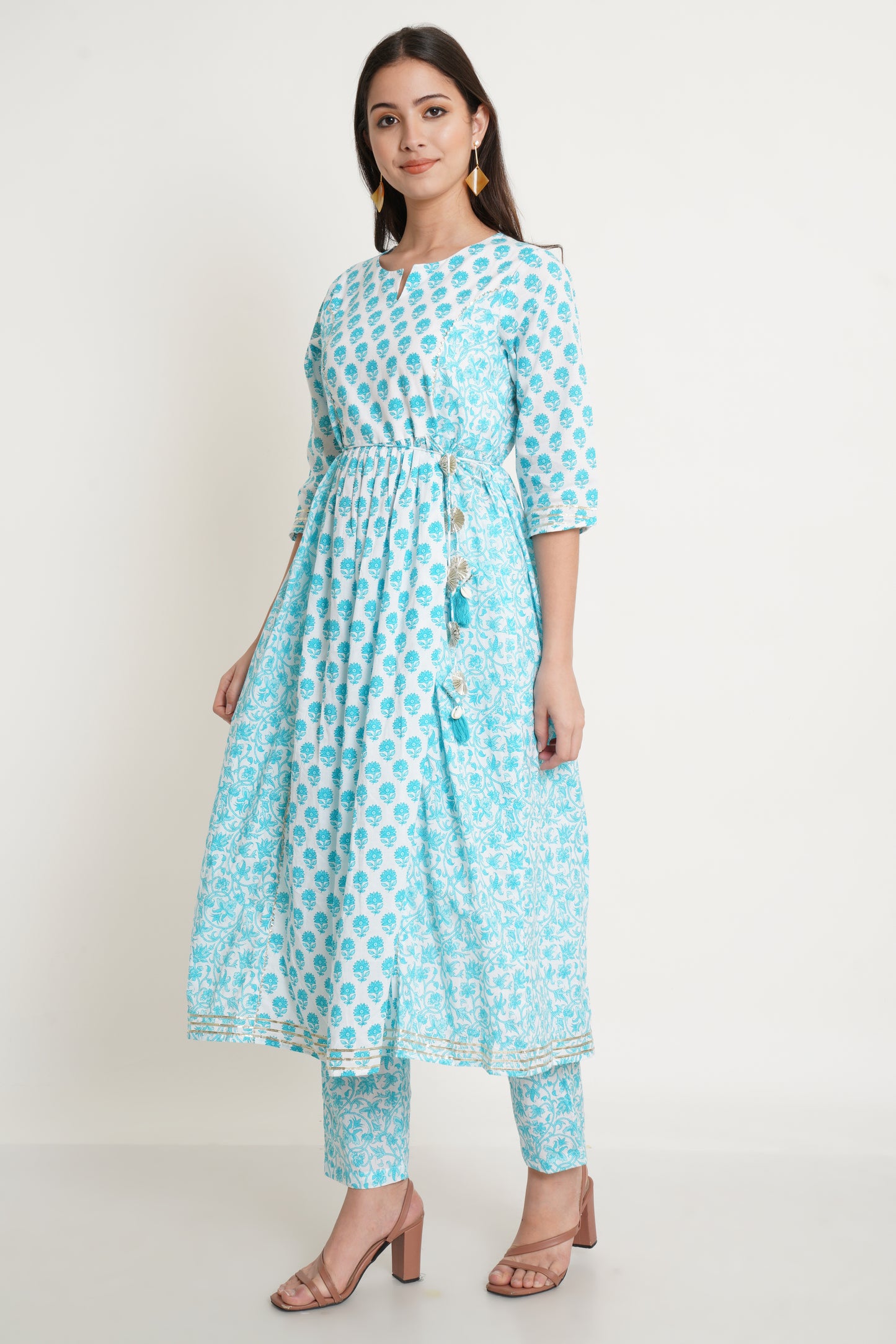 Floral Printed Pure Cotton A Line Kurta Set in White and Light Blue