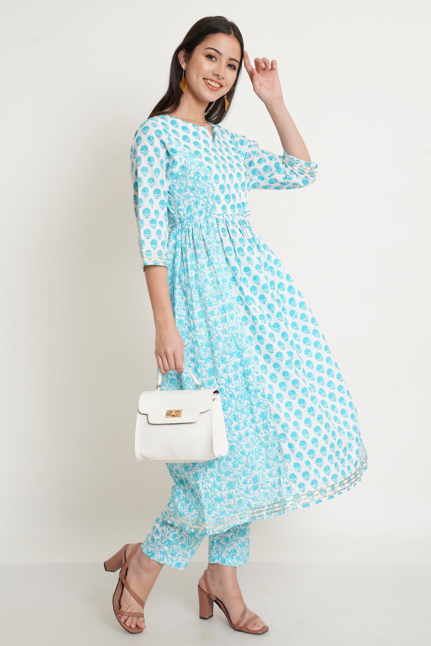 Floral Printed Pure Cotton A Line Kurta Set in White and Light Blue