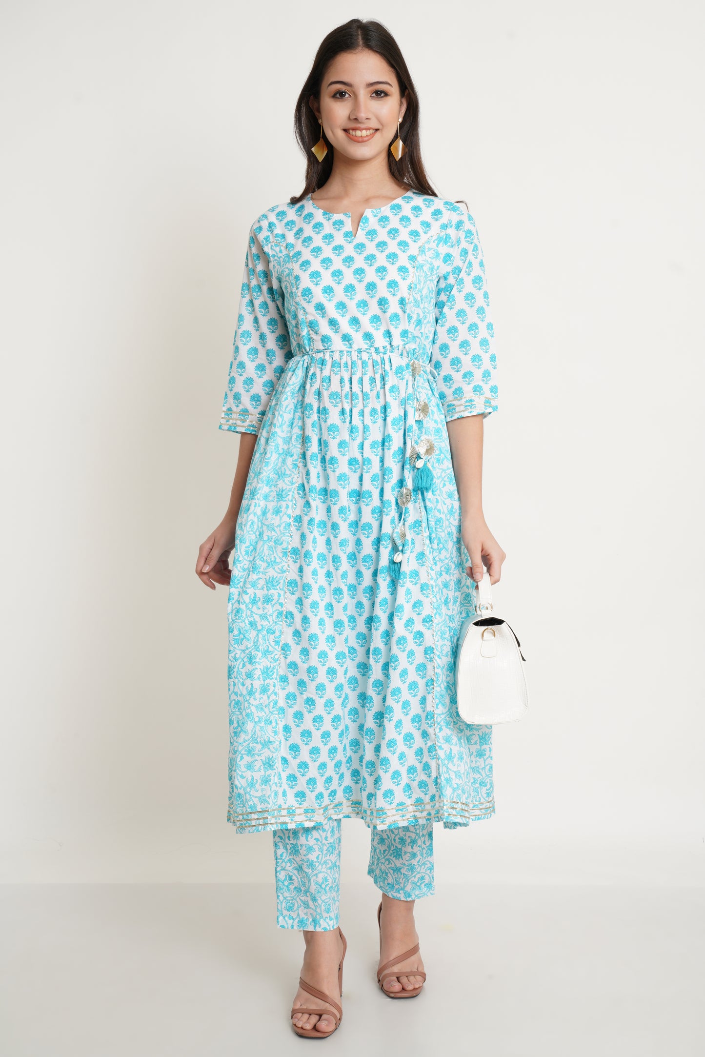 Floral Printed Pure Cotton A Line Kurta Set in White and Light Blue