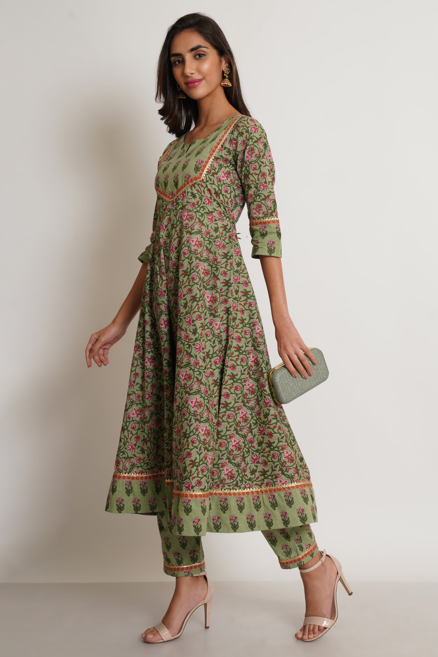 Jaipuri Cotton Printed Anarkali Kurti with Pant (Set) for Women