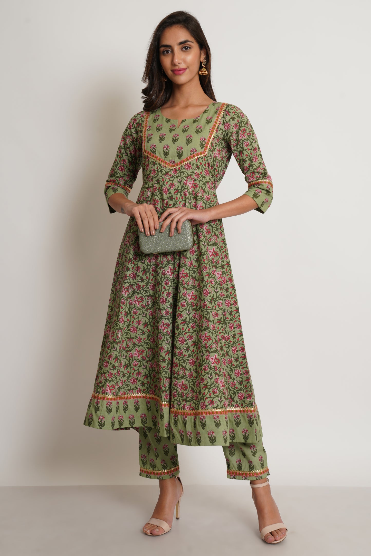 Jaipuri Cotton Printed Anarkali Kurti with Pant (Set) for Women