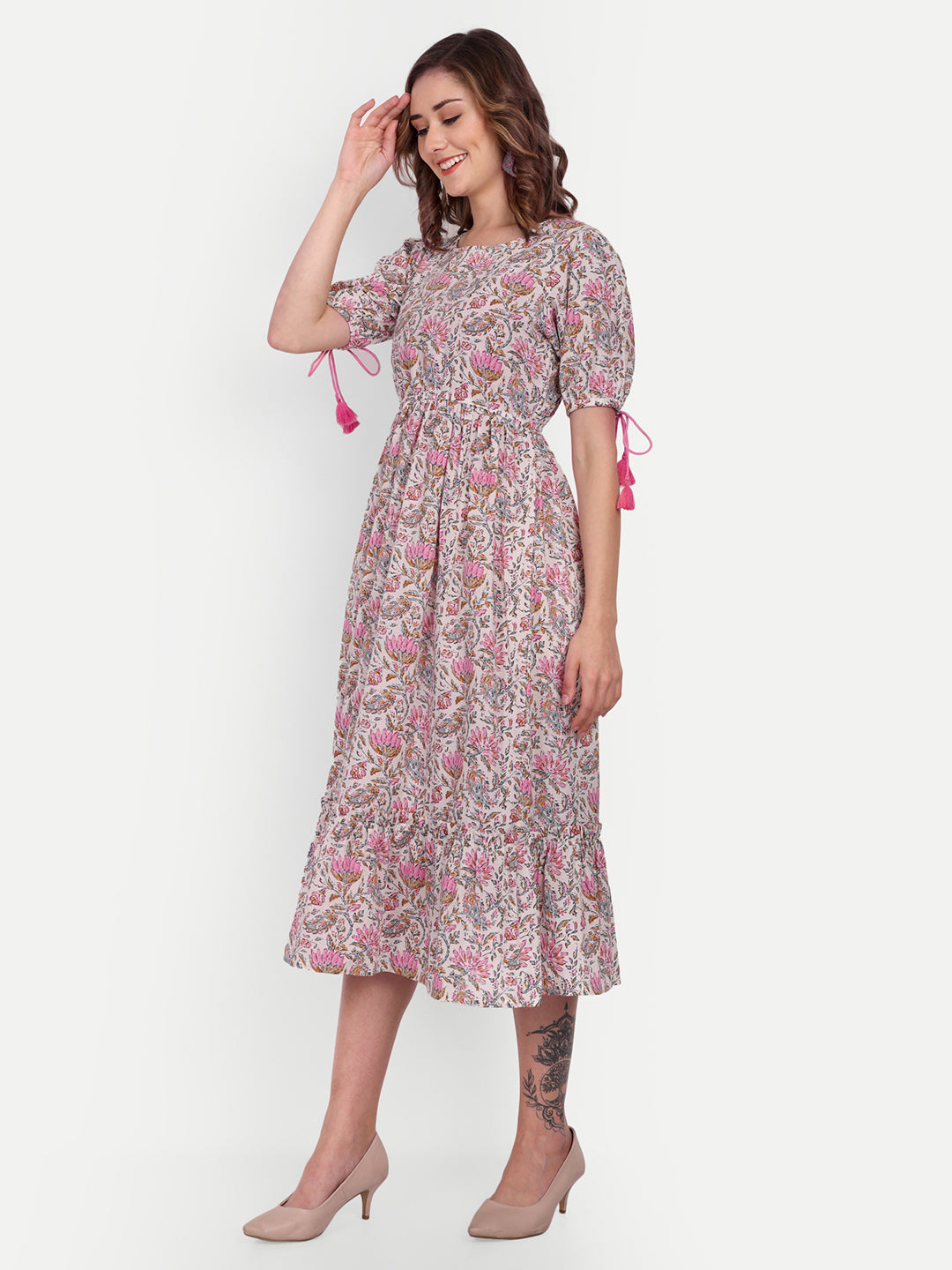 Jaipuri Cotton Printed Flared A-Line Tier Midi Dress For Women