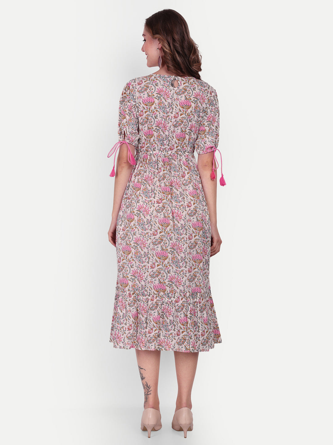 Jaipuri Cotton Printed Flared A-Line Tier Midi Dress For Women