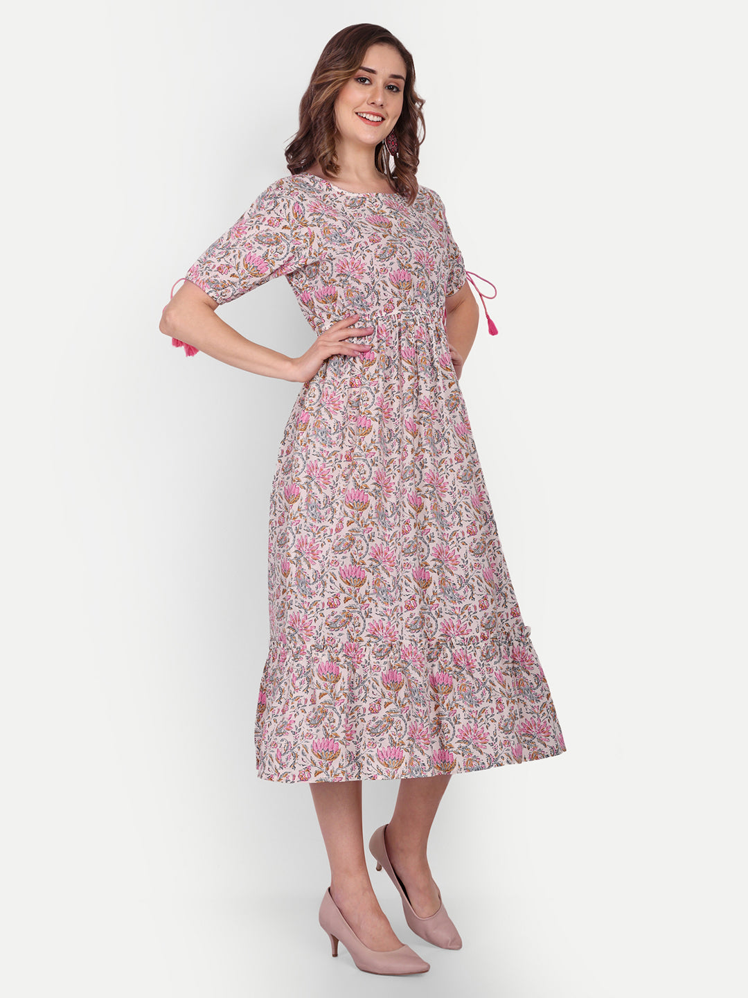 Jaipuri Cotton Printed Flared A-Line Tier Midi Dress For Women