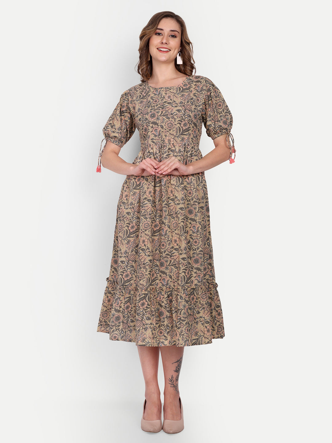 Jaipuri Cotton Printed Flared A-Line Tier Midi Dress For Women