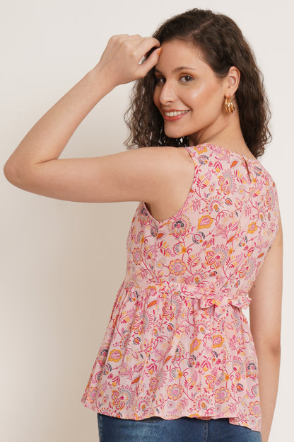 Jaipuri Cotton Sleeveless Printed Peplum Top for Women