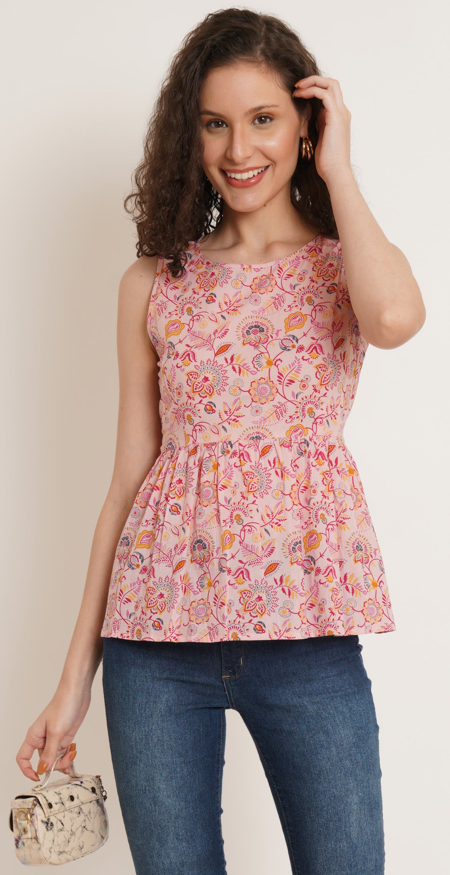 Jaipuri Cotton Sleeveless Printed Peplum Top for Women