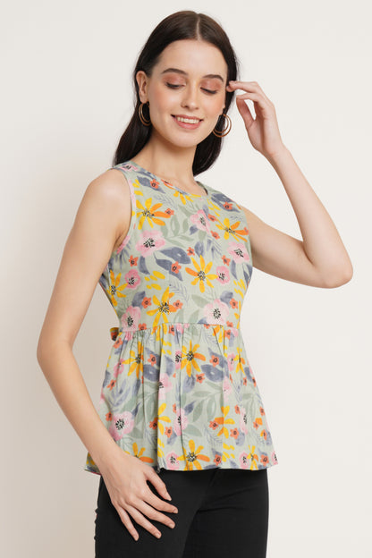 JAIPURI COTTON KURTI Sleeveless Printed Peplum Top for Women