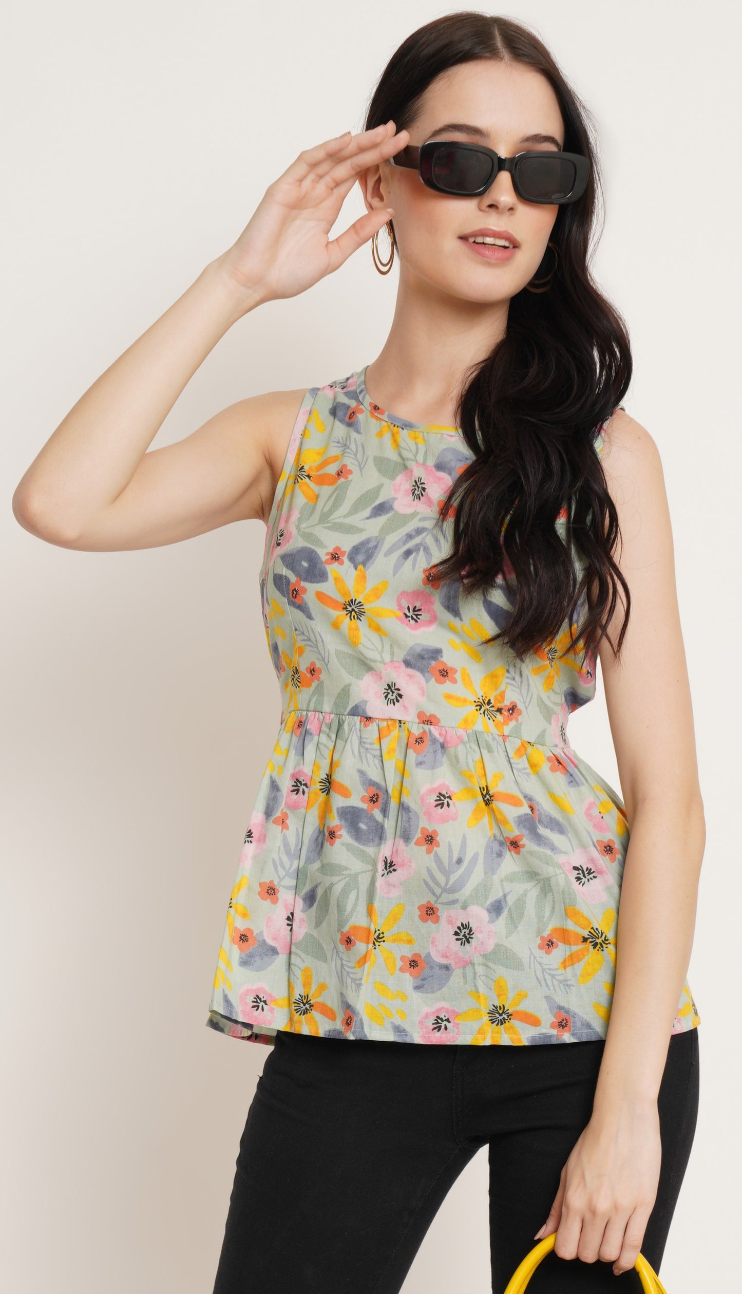 JAIPURI COTTON KURTI Sleeveless Printed Peplum Top for Women