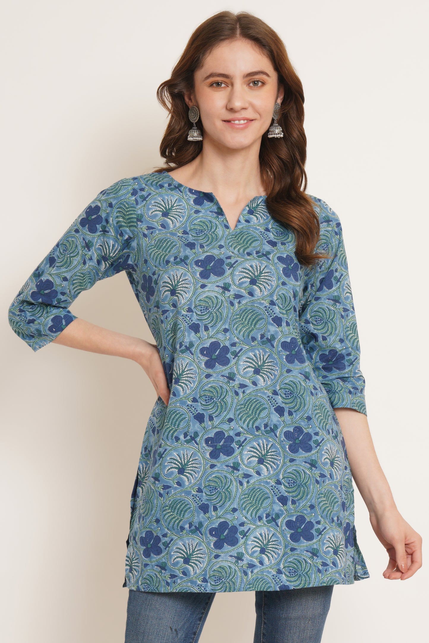 Floral Printed Notched Neck Pure Cotton Kurti