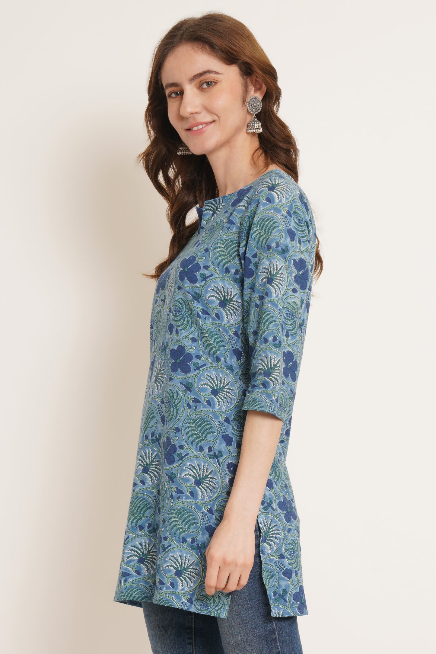 Floral Printed Notched Neck Pure Cotton Kurti