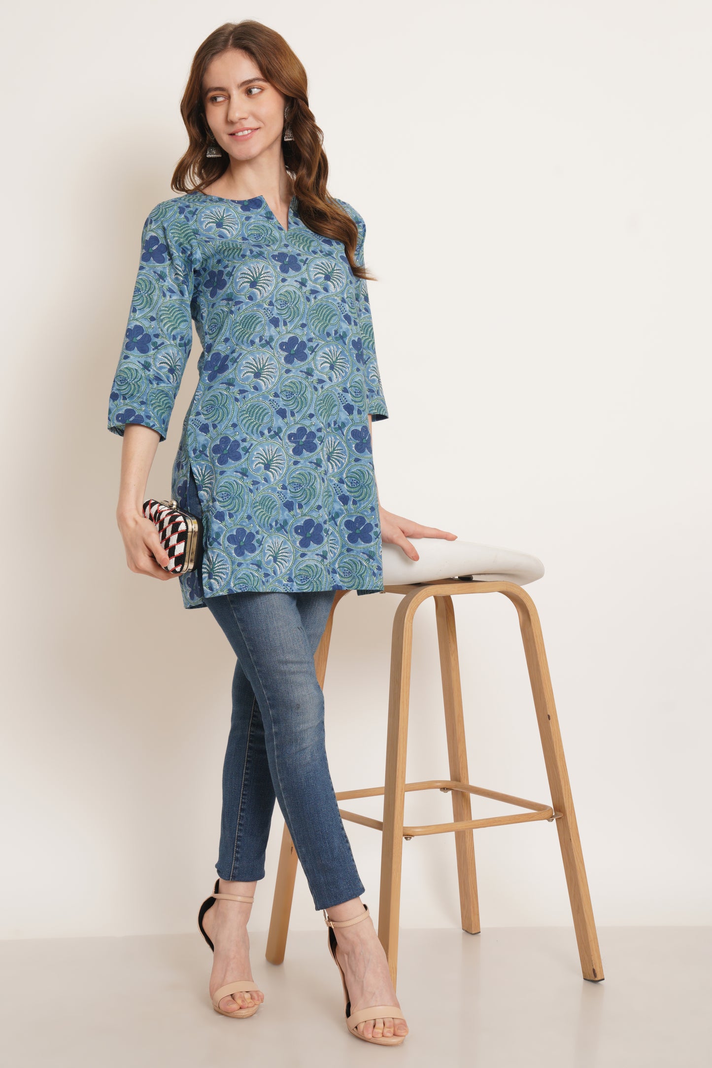 Floral Printed Notched Neck Pure Cotton Kurti