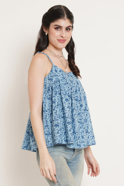 Jaipuri Cotton Sleeveless Printed Peplum Top for Women