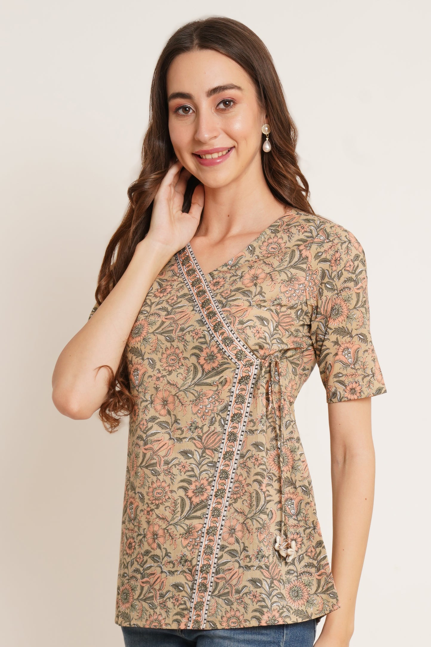 Jaipuri Cotton Floral Printed Angrakha Style Top for Women