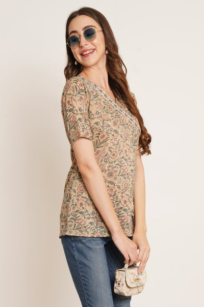 Jaipuri Cotton Floral Printed Angrakha Style Top for Women