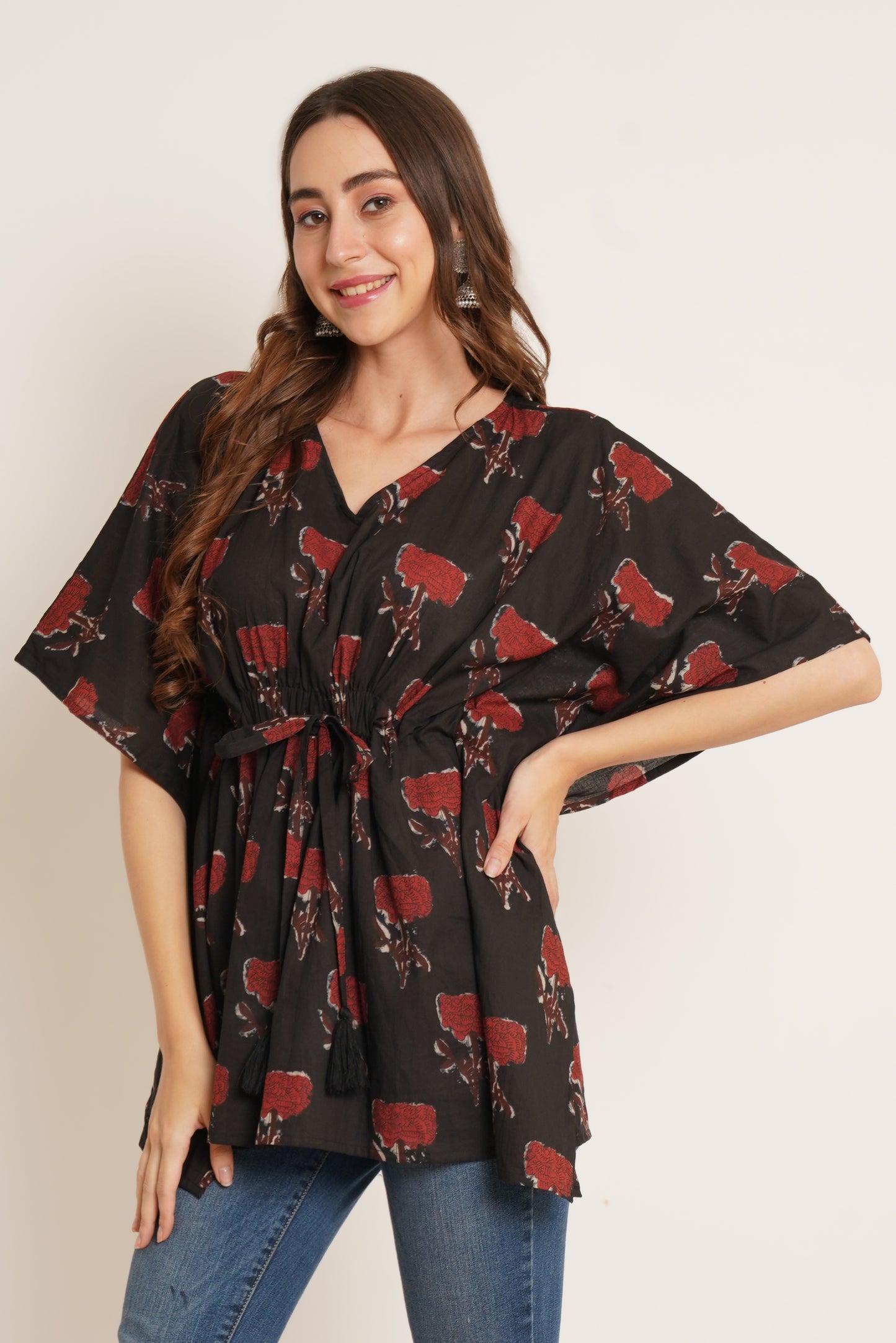 Jaipuri Cotton Kimono Sleeves Printed LongLine Kaftan Top for Women