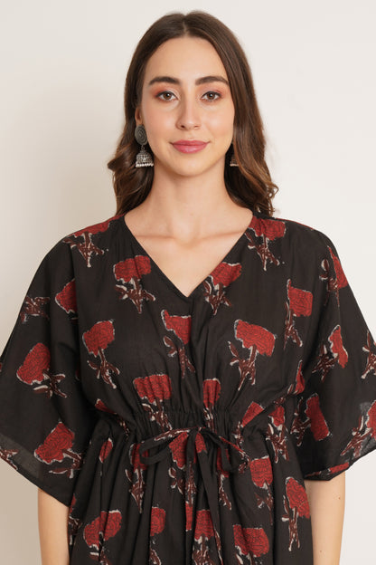 Jaipuri Cotton Kimono Sleeves Printed LongLine Kaftan Top for Women