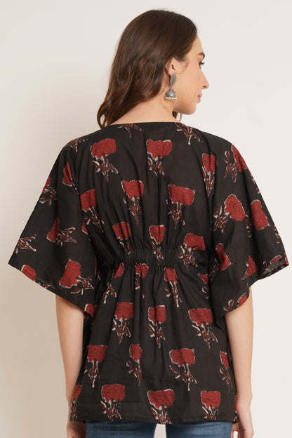 Jaipuri Cotton Kimono Sleeves Printed LongLine Kaftan Top for Women