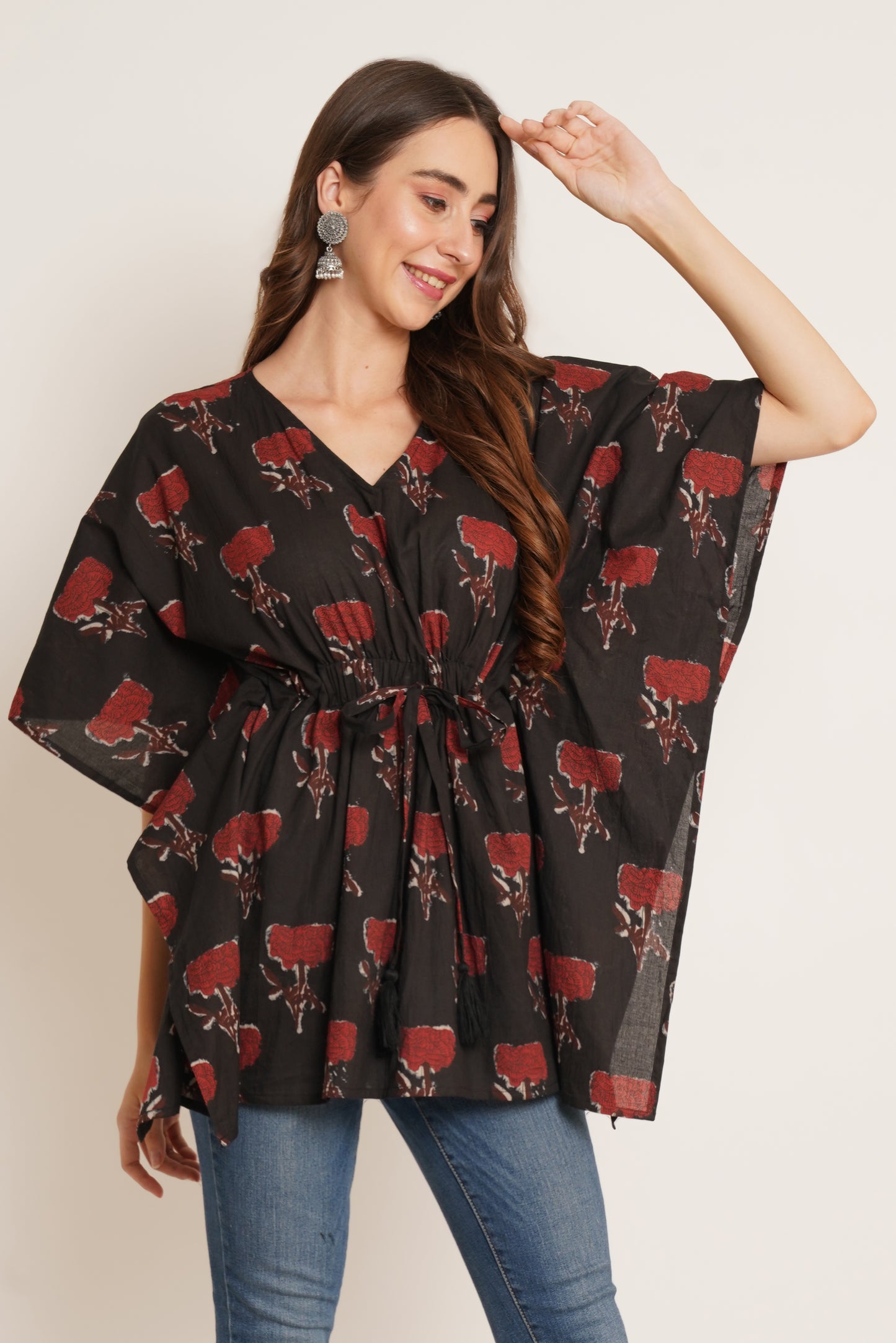 Jaipuri Cotton Kimono Sleeves Printed LongLine Kaftan Top for Women