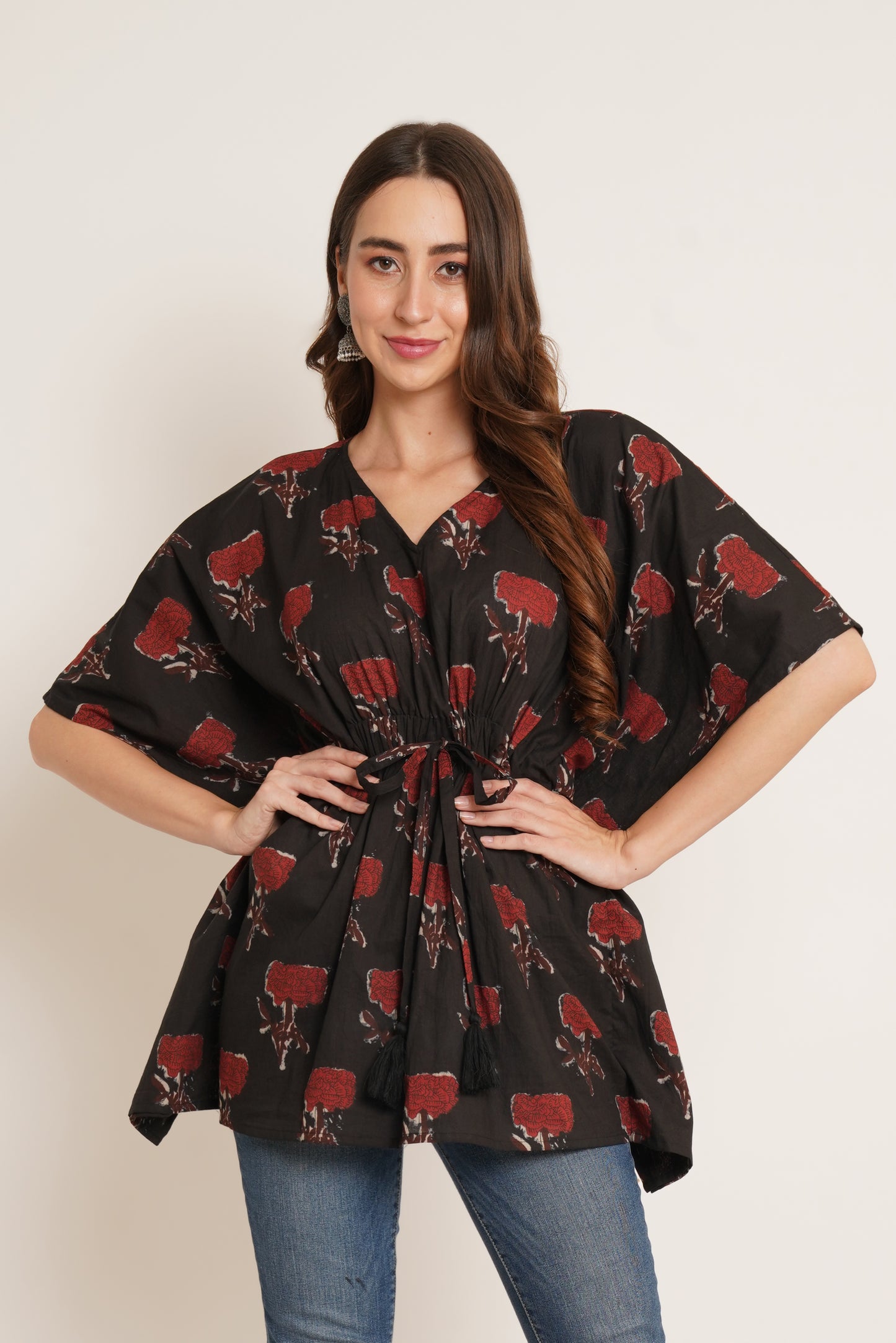 Jaipuri Cotton Kimono Sleeves Printed LongLine Kaftan Top for Women