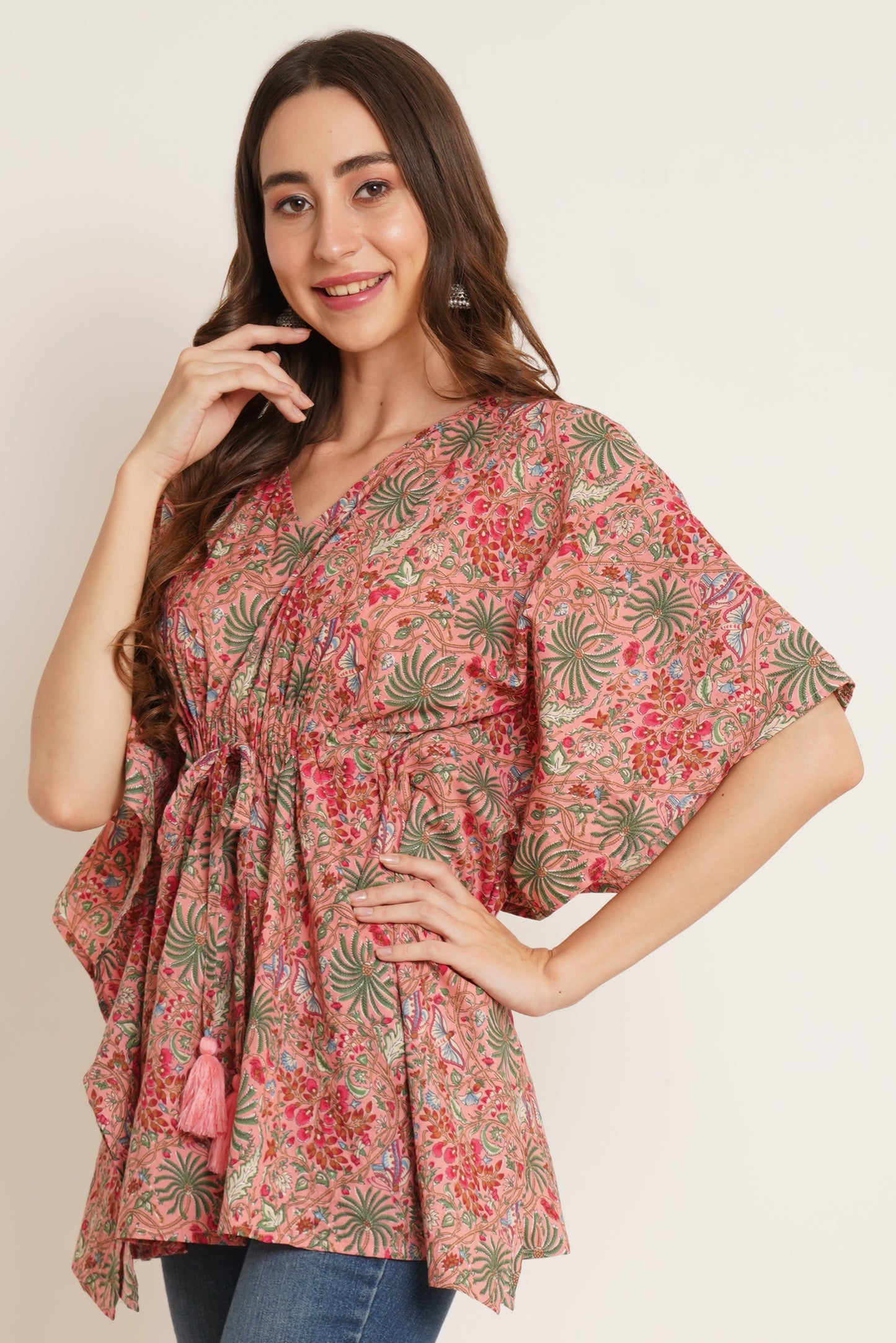 Jaipuri Cotton Kimono Sleeves Printed LongLine Kaftan Top for Women