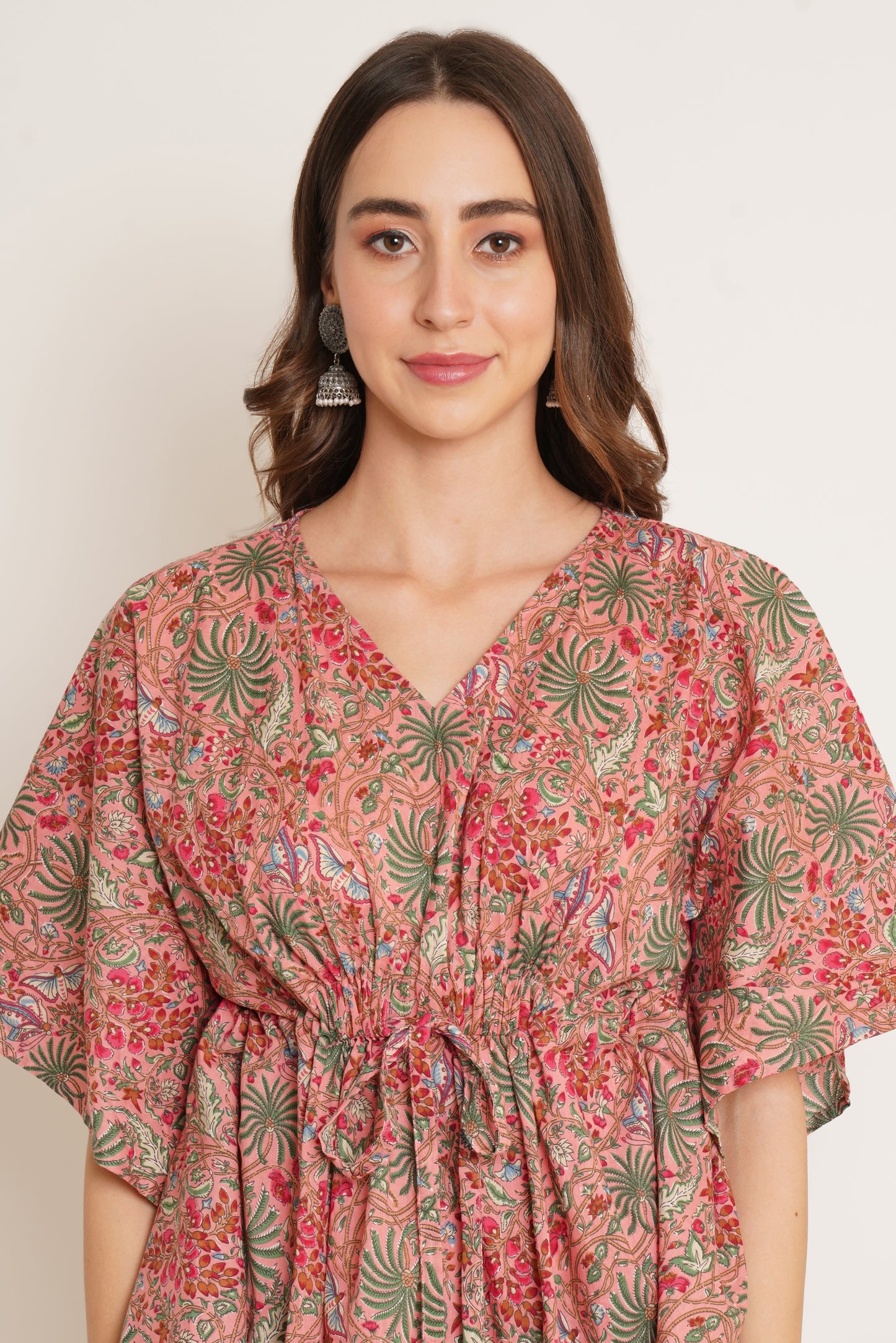 Jaipuri Cotton Kimono Sleeves Printed LongLine Kaftan Top for Women