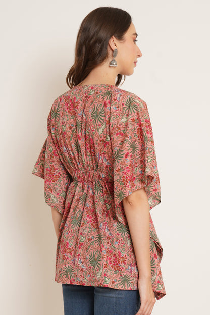 Jaipuri Cotton Kimono Sleeves Printed LongLine Kaftan Top for Women