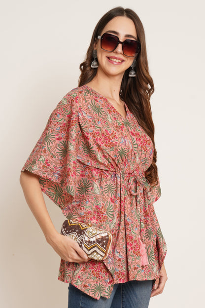 Jaipuri Cotton Kimono Sleeves Printed LongLine Kaftan Top for Women