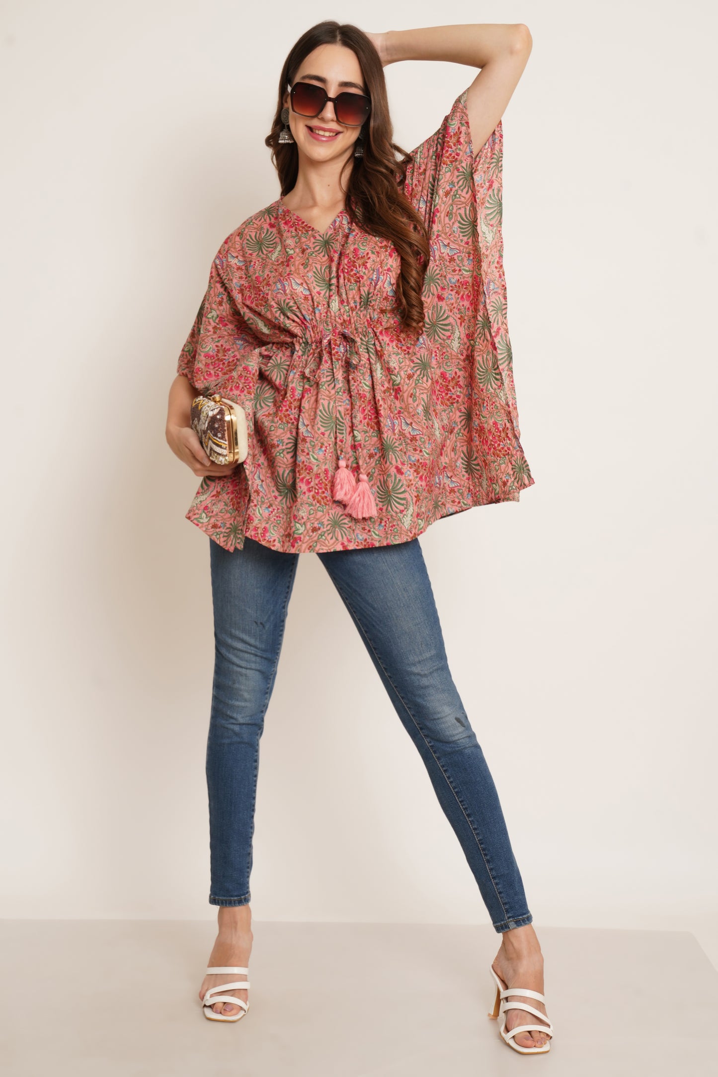 Jaipuri Cotton Kimono Sleeves Printed LongLine Kaftan Top for Women