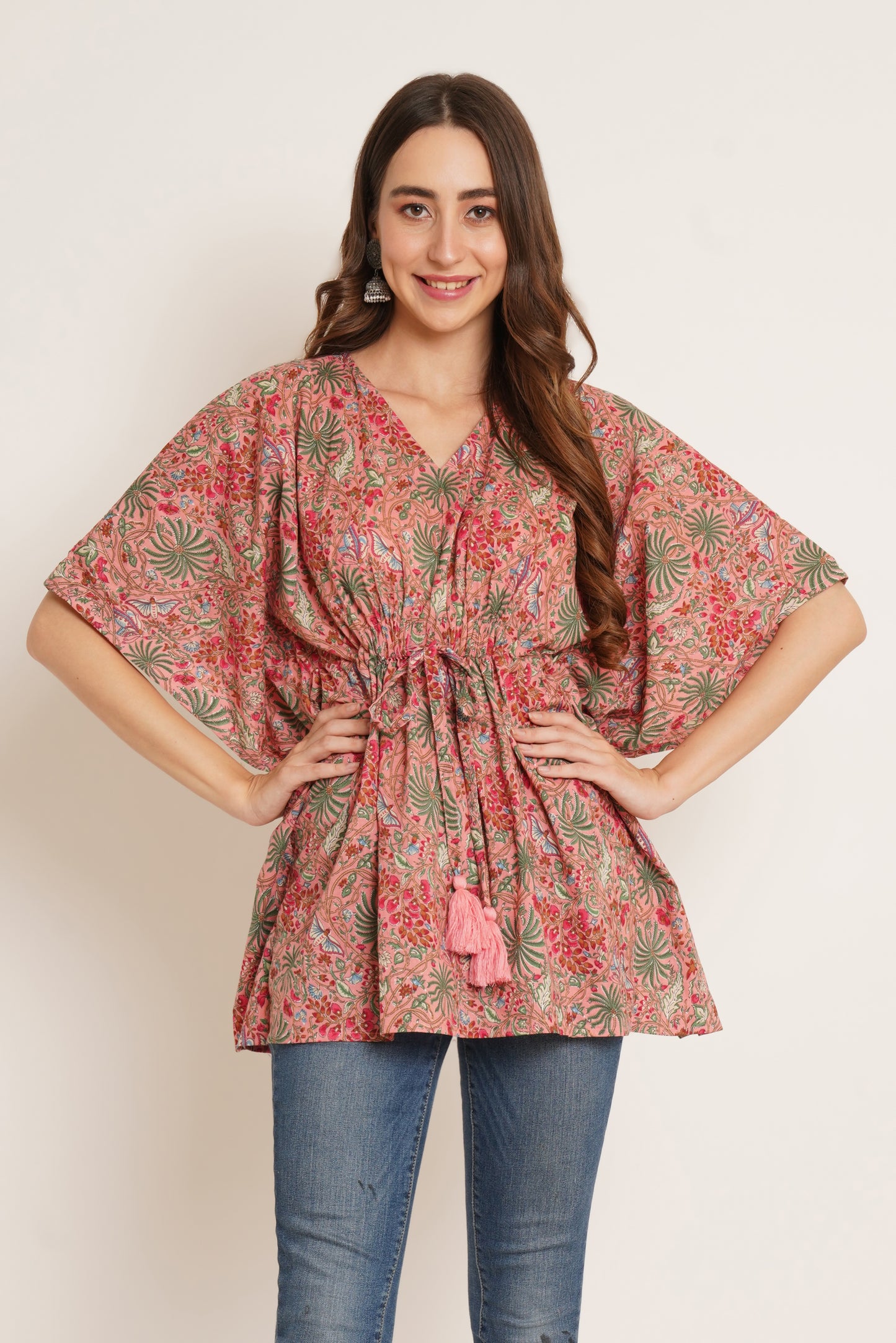 Jaipuri Cotton Kimono Sleeves Printed LongLine Kaftan Top for Women