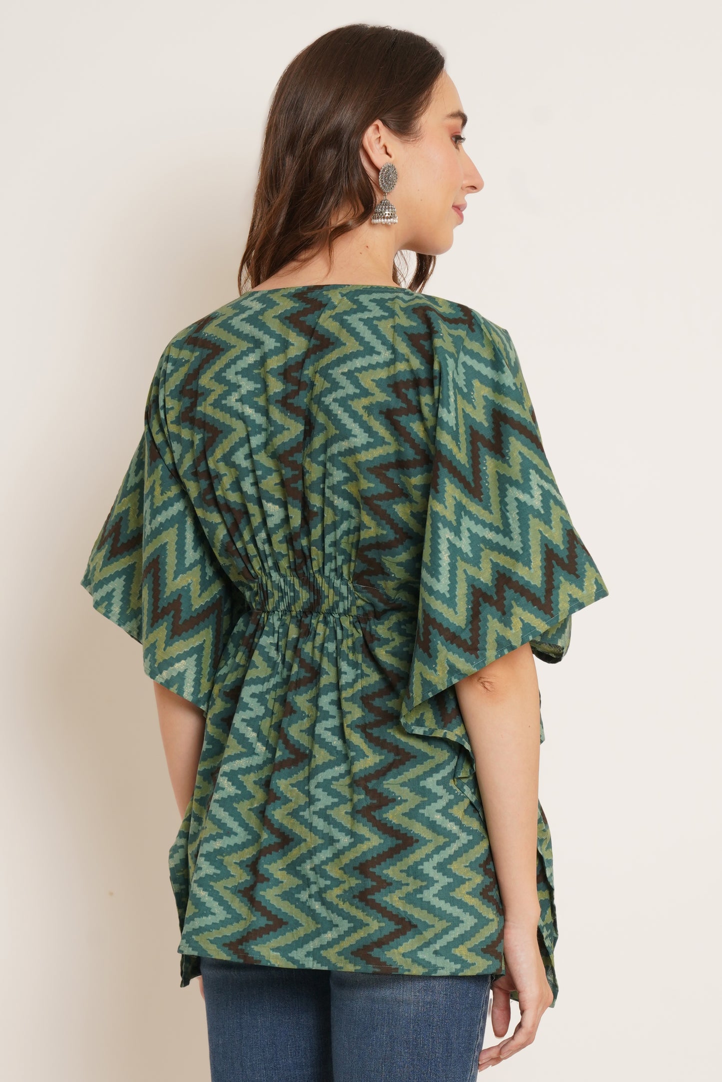 Jaipuri Cotton Kimono Sleeves Printed LongLine Kaftan Top for Women