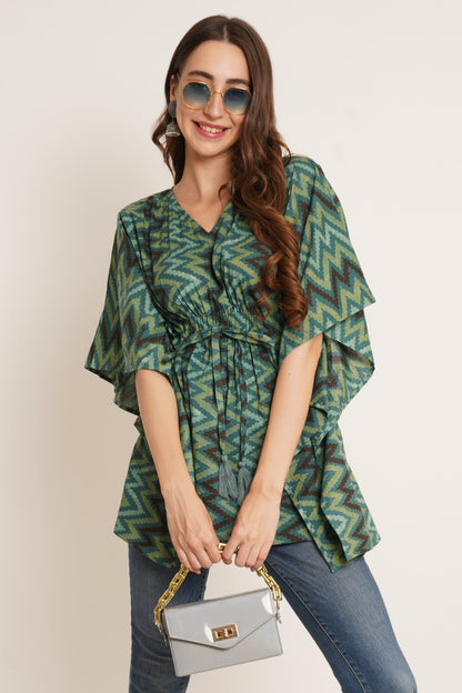 Jaipuri Cotton Kimono Sleeves Printed LongLine Kaftan Top for Women