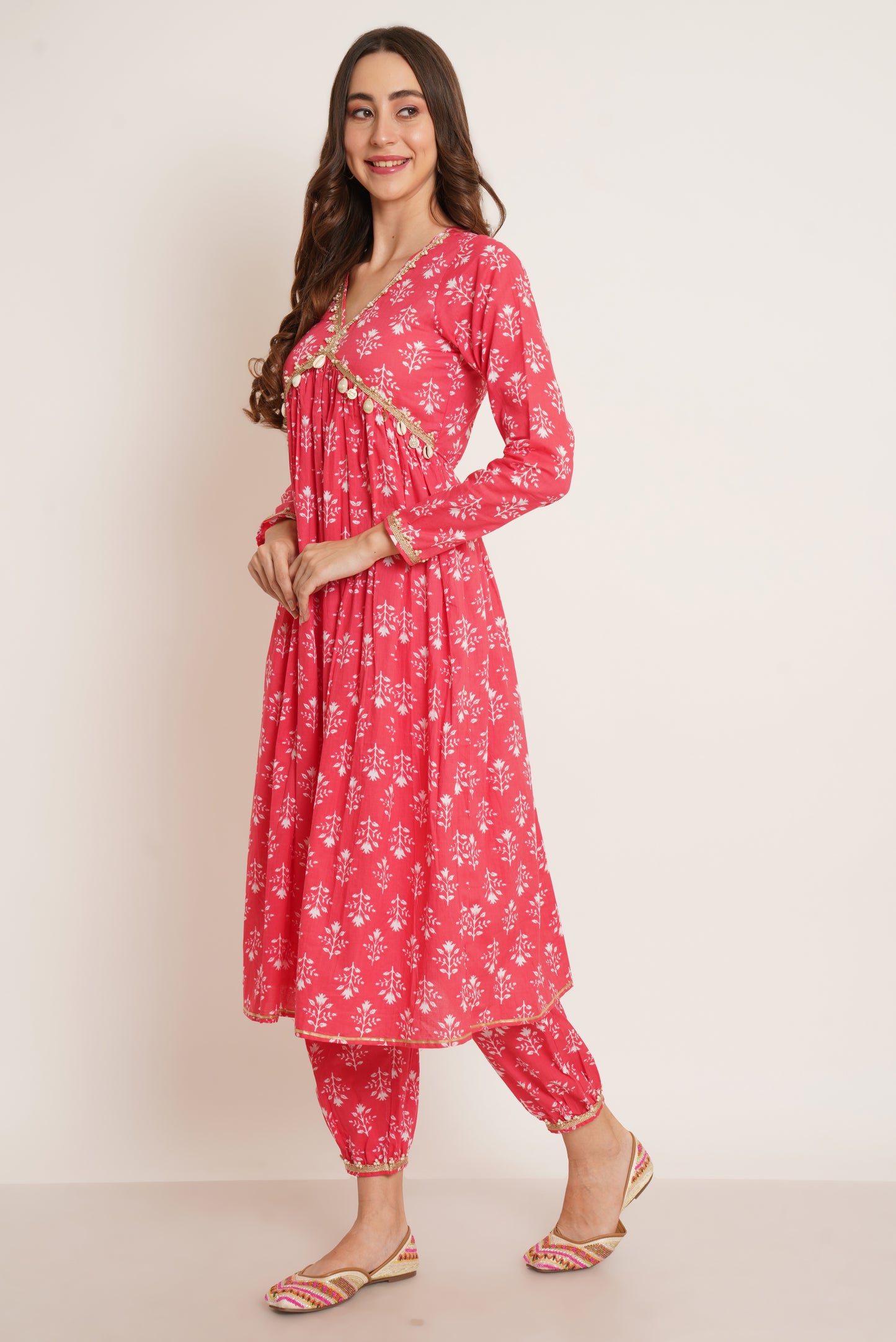 Floral Printed Empire Gotta Patti Pure Cotton A-Line Kurta With Salwar