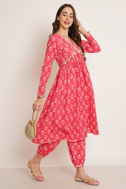 Floral Printed Empire Gotta Patti Pure Cotton A-Line Kurta With Salwar