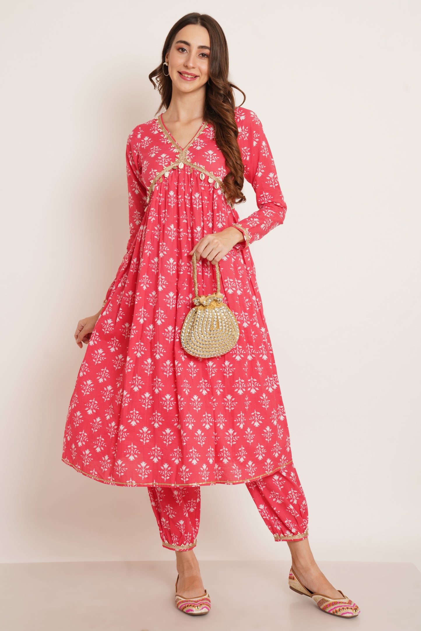 Floral Printed Empire Gotta Patti Pure Cotton A-Line Kurta With Salwar