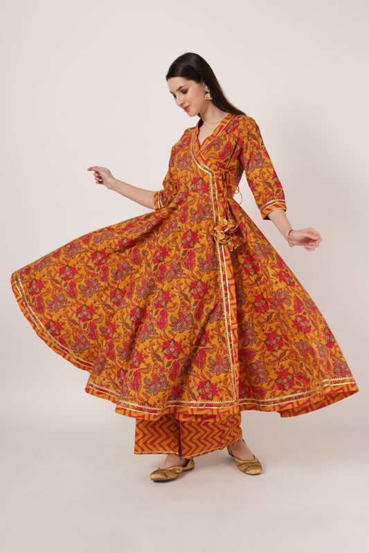 Women Mustard Yellow & Red Printed Kurta with Palazzos Angrakha Style