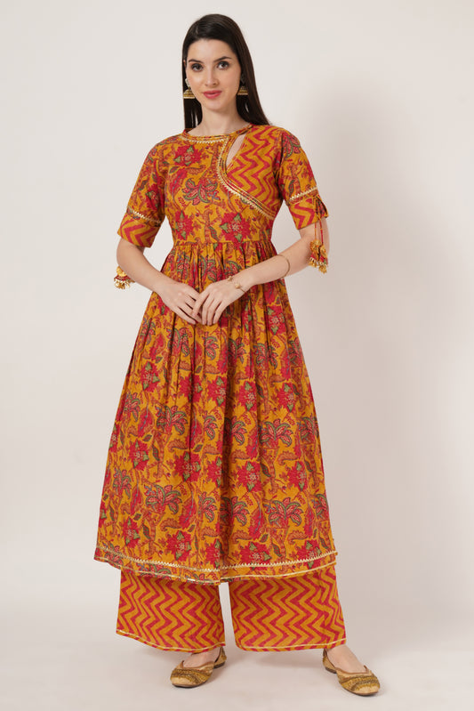 Women Mustard Yellow & Red Printed Kurta with Palazzos