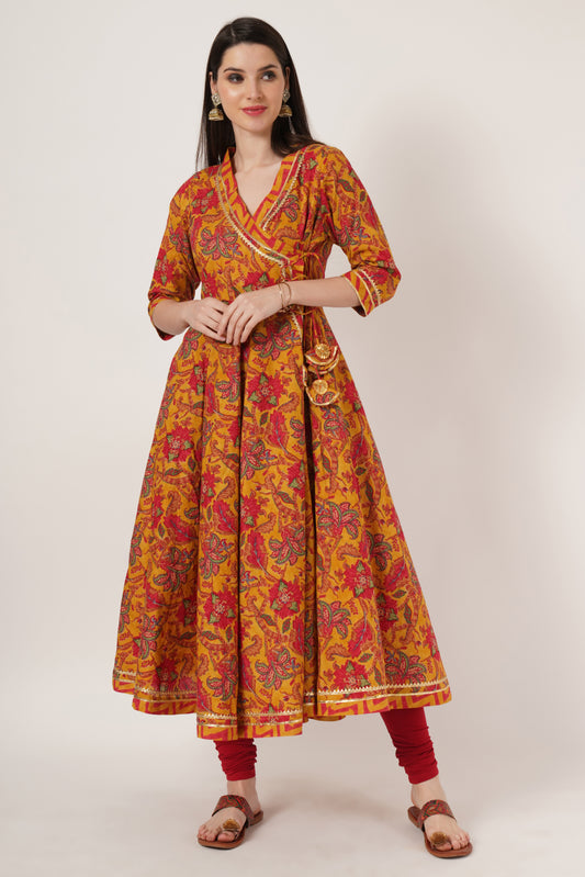 Women Mustard Anarkali Yellow & Red Printed Kurta