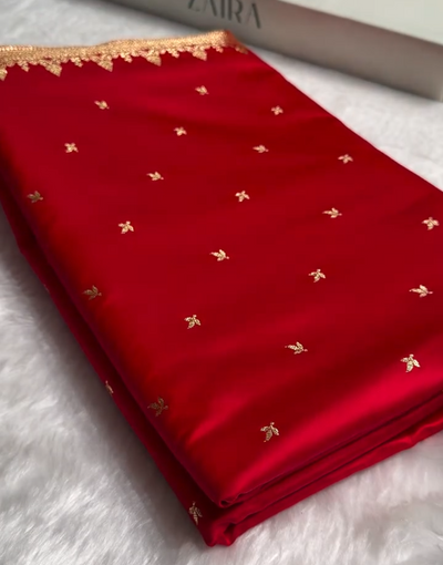 Classic Red Silk Saree with Minimal Golden Zari Butti & Elegant Border