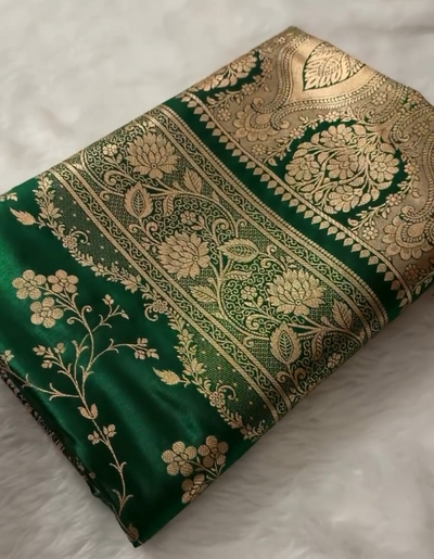 Bottle Green Banarasi Silk Saree with Heavy Gold Zari Floral Jaal & Rich Traditional Border