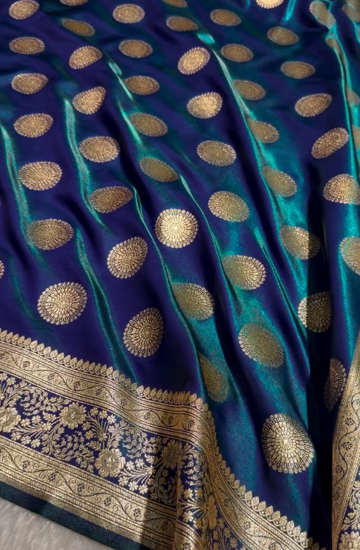 Royal Blue Banarasi Silk Saree with Gold Zari Circular Medallion Motifs & Heavy Floral Border