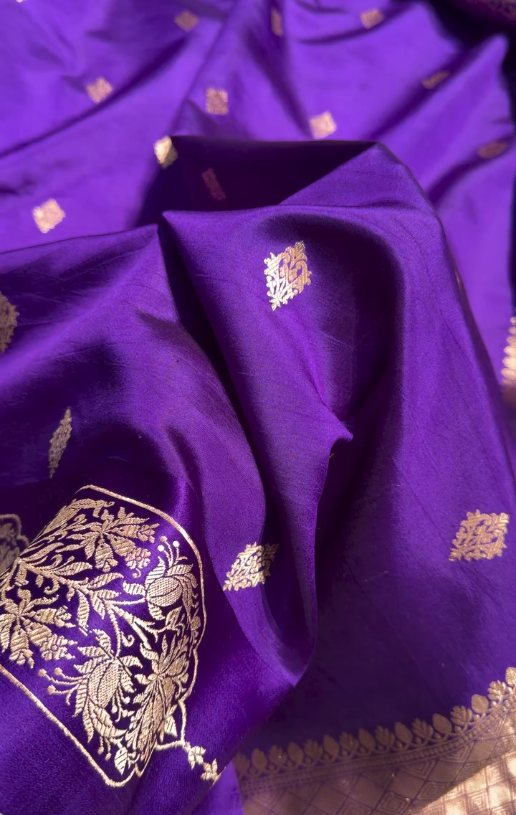 Regal Royal Purple Banarasi Silk Saree with Gold Zari Floral Buti & Ornate Pallu Design