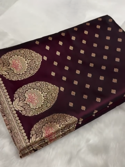 Deep Wine Banarasi Silk Saree with Gold Zari Paisley Motifs & Traditional Woven Border