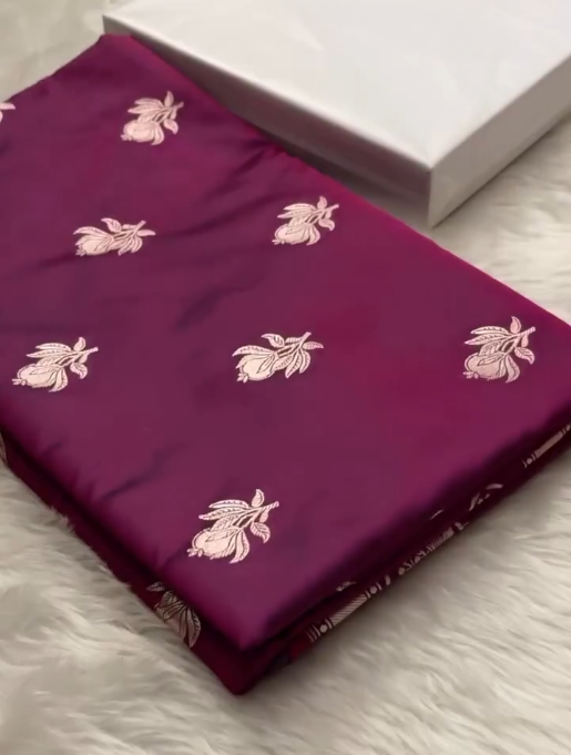 Wine Purple Banarasi Silk Saree with Gold Zari Floral Buti Motifs & Classic Woven Border