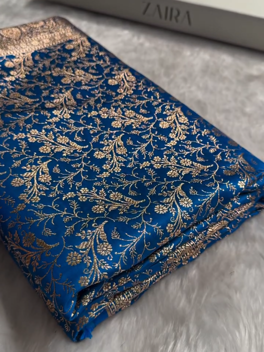 Royal Blue Banarasi Brocade Silk Saree with All-Over Golden Zari Floral Weaving