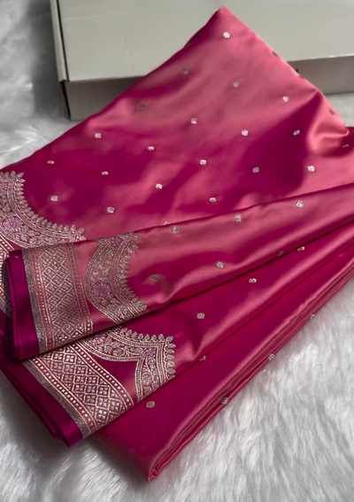 Rani Pink Banarasi Silk Saree with Silver Zari Buti & Elegant Woven Border