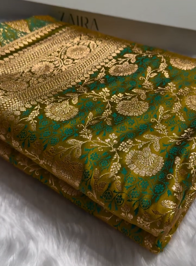 Mustard Green Banarasi Brocade Silk Saree with Rich Golden & Teal Zari Weaving